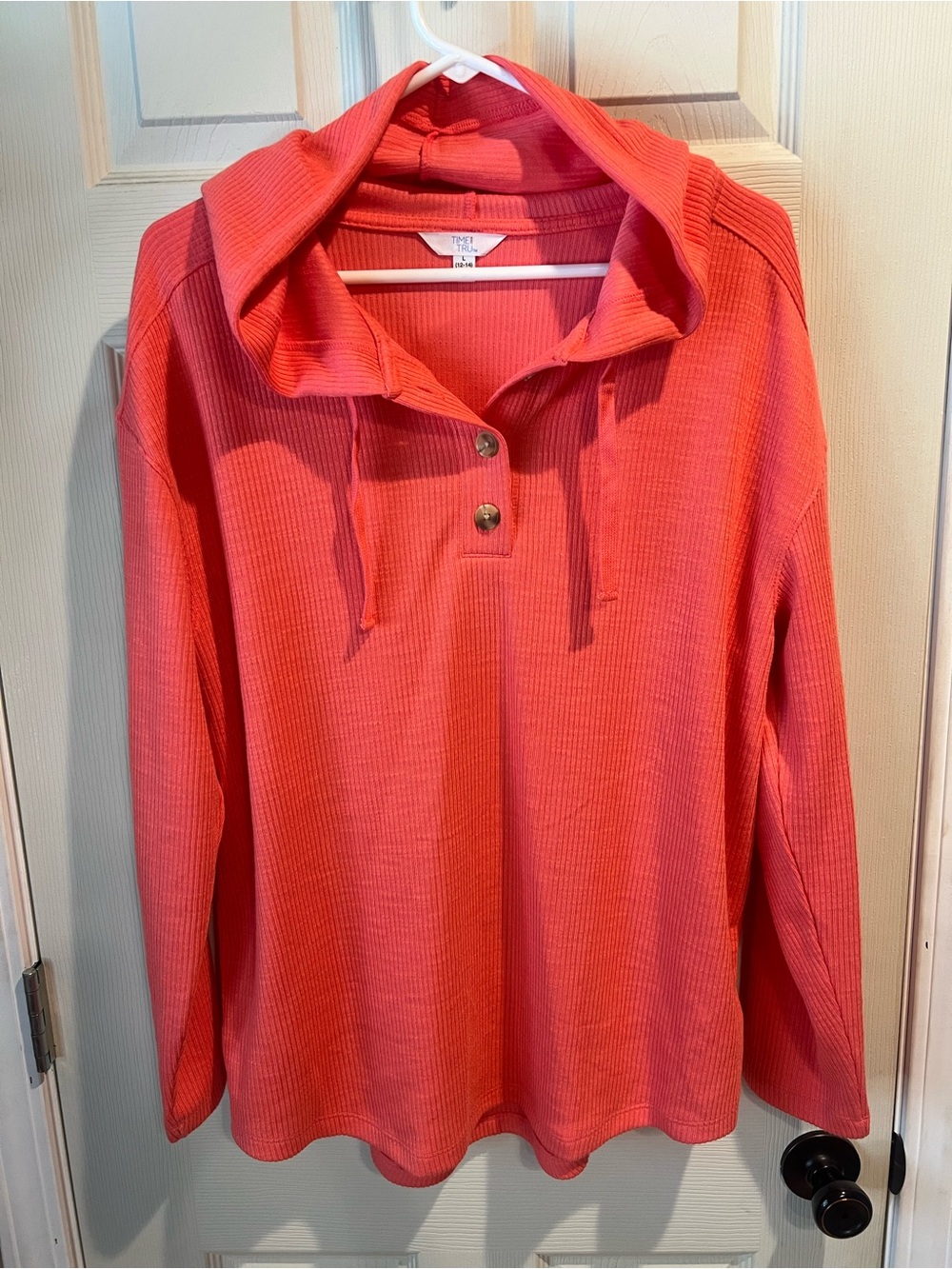 Time and Tru Coral Pink Waffle-Knit Pullover Hoodie